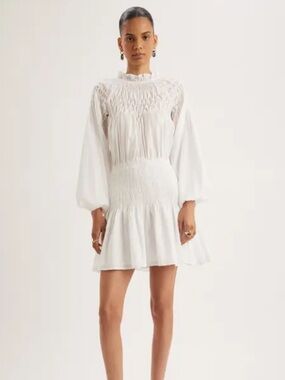 Smocked High-Neck White Mini Dress